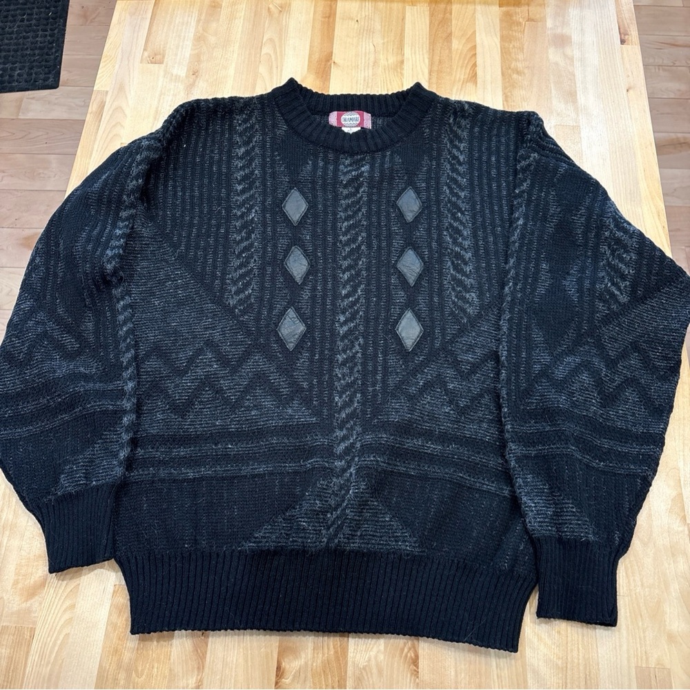 Vintage Chiamare Wool Knitted Crewneck Sweater Faux Leather Diamond Patches Sz L
